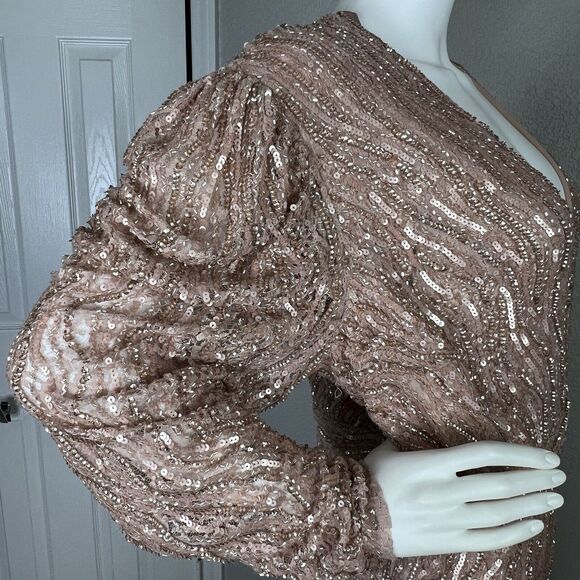 Mac Duggal Size 14 Gown Sequined Beaded Puff Sleeve Deep V Neck Blush Pink - Picture 8 of 12